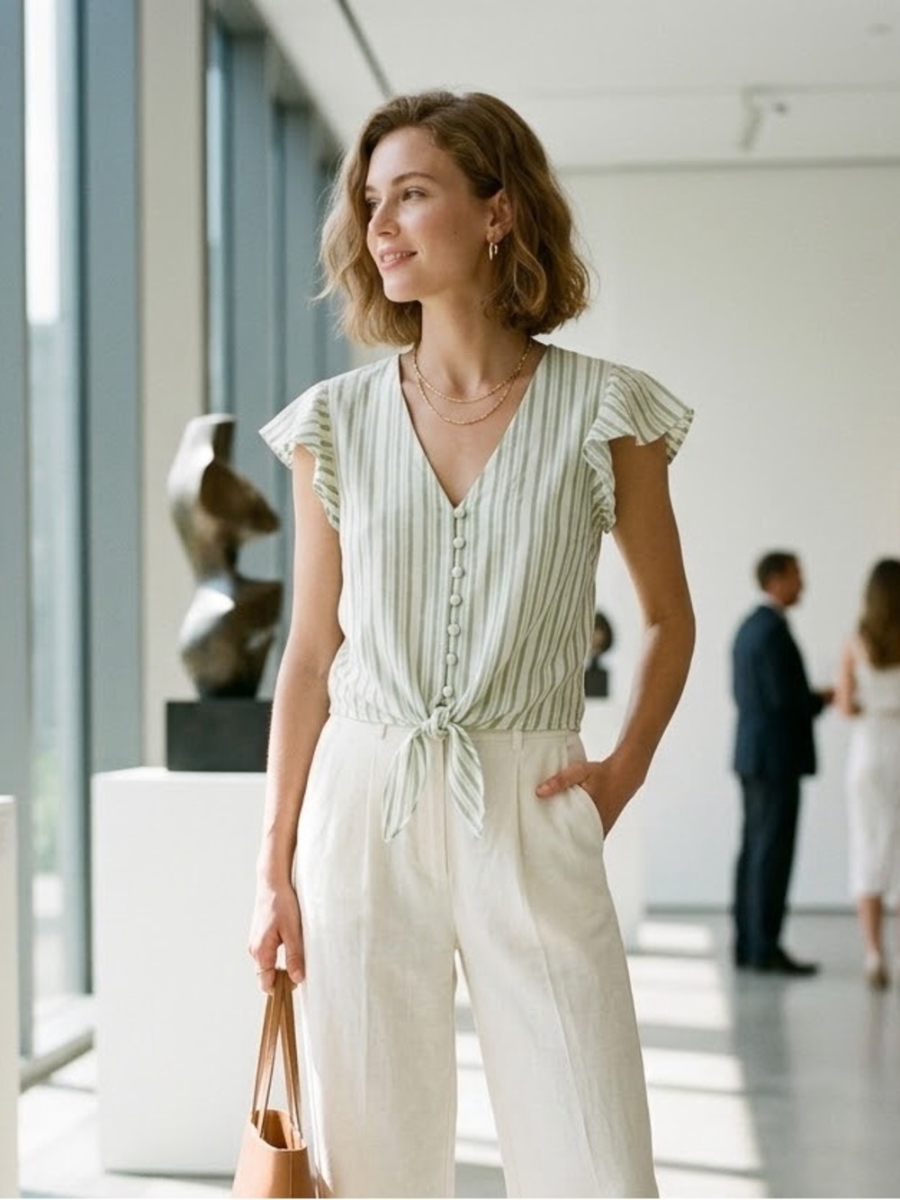 Striped Tie-Front Flutter Sleeve Blouse in Soft Green